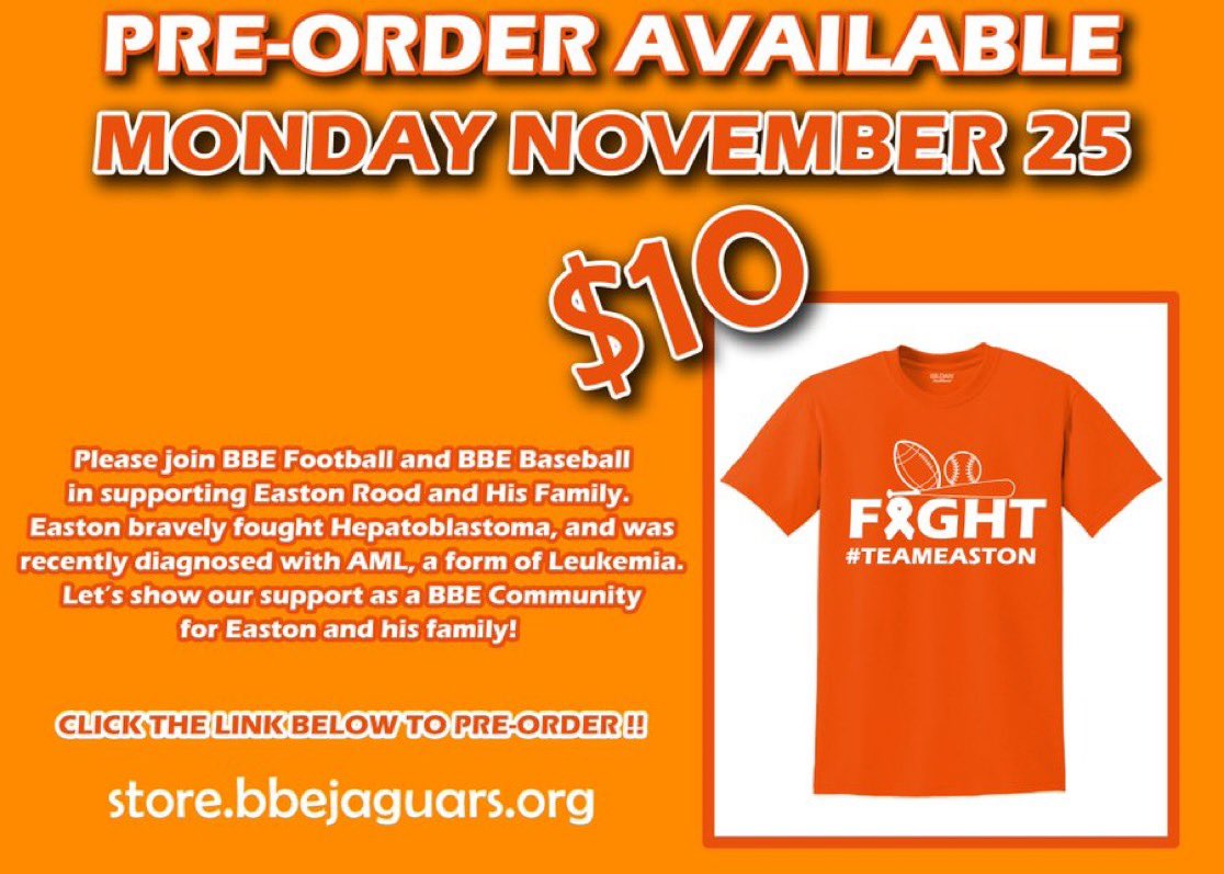 BBE Football (@bbefootball) on Twitter photo 🏈🚨Time to Tackle Cancer 🚨🏈
We are partnering with <a href="/BBEbaseball/">BBE Varsity Baseball</a> to support Easton Rood and his family as he battles Leukemia. We are selling special t-shirts, and all proceeds go to their fight. Show your support and grab yours!
#MVP #TeamEaston 🏈🚨Time to Tackle Cancer 🚨🏈
We are partnering with <a href="/BBEbaseball/">BBE Varsity Baseball</a> to support Easton Rood and his family as he battles Leukemia. We are selling special t-shirts, and all proceeds go to their fight. Show your support and grab yours!
#MVP #TeamEaston