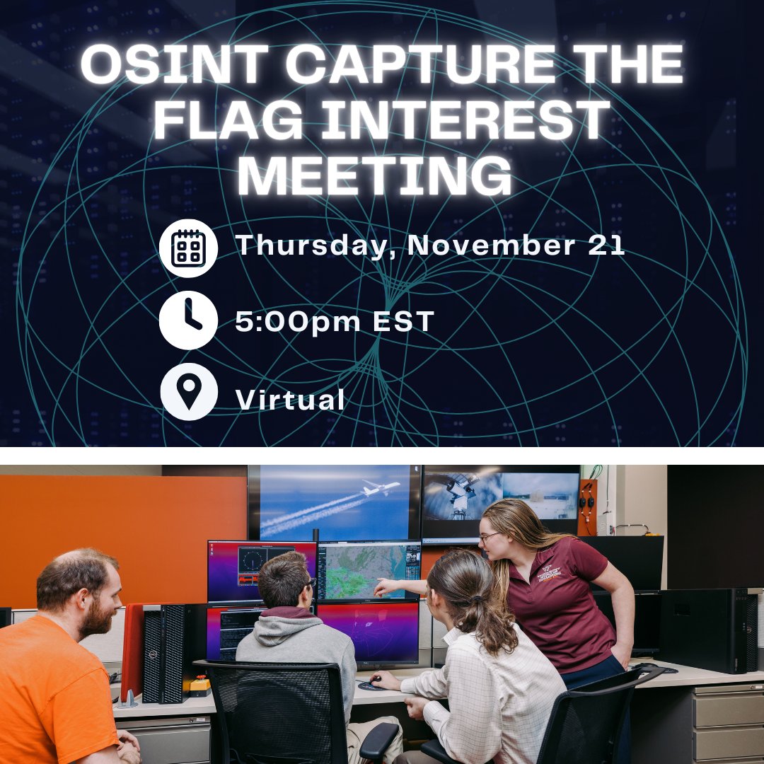 Join us virtually tonight - November 21st at 5:00pm for an information session and overview of our upcoming OSINT Capture the Flag event and get any questions you may have answered! 

Learn more: hume.vt.edu/engagement/eve…