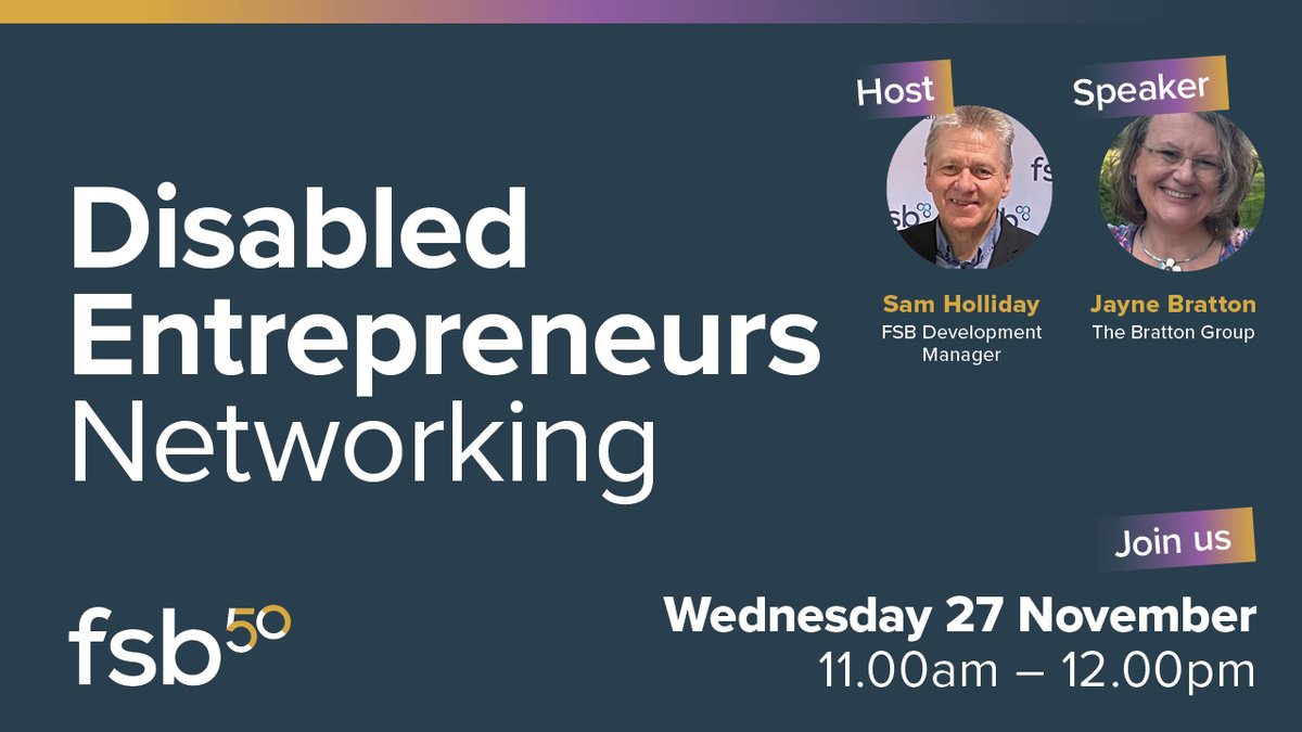 Why not join us on Wednesday, November 27 for the final online meeting of the year for our positive, encouraging and supportive  FSB  #Disabled #Entrepreneurs?

Open to FSB members and non-members alike all you have to do to be part of it is register at  go.fsb.org.uk/4hKpoWH