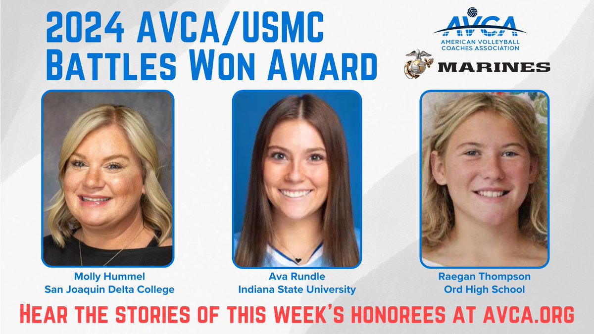 The 2024 AVCA-USMC Battles Won Award recognizes 16 volleyball players and coaches who are overcoming obstacles on and off the court. This week we present the stories of Molly Hummel, Ava Rundle, and Raegan Thompson.
avca.org/polls-awards/2…
#WeAreAVCA