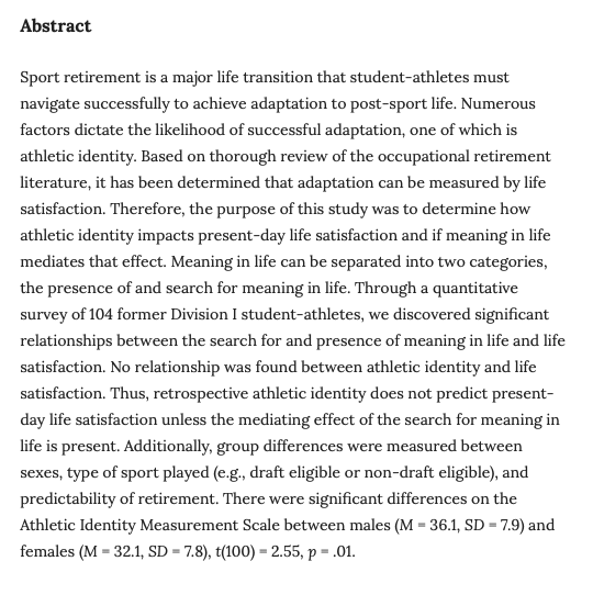 JofInterSport's tweet image. New article!
The Effect of Athletic Identity and Other Factors on Adaptation to Sport Retirement
@thecoachcota
Patti Berg-Poppe
Andrew Pickett
Moses Ikiugu
Whitney Lucas Molitor
#AthleticIdentity #SportRetirement
journals.ku.edu/jis/article/vi…
