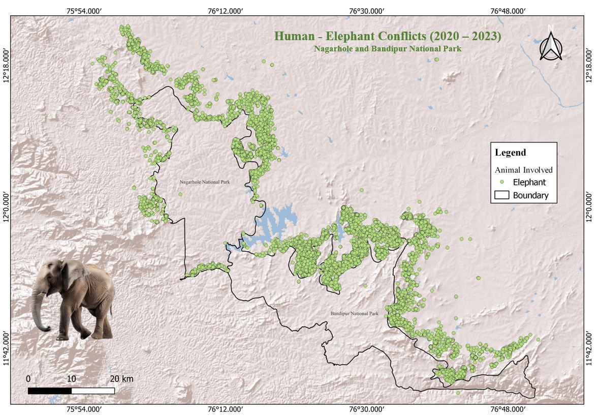 Day 21 of the #30DayMapChallenge: Conflict

𝐌𝐚𝐩: 𝐇𝐮𝐦𝐚𝐧-𝐄𝐥𝐞𝐩𝐡𝐚𝐧𝐭 𝐂𝐨𝐧𝐟𝐥𝐢𝐜𝐭𝐬 (2020-2023) 𝐚𝐭 𝐍𝐚𝐠𝐚𝐫𝐡𝐨𝐥𝐞 𝐚𝐧𝐝 𝐁𝐚𝐧𝐝𝐢𝐩𝐮𝐫 𝐍𝐚𝐭𝐢𝐨𝐧𝐚𝐥 𝐏𝐚𝐫𝐤𝐬

This map highlights the locations and frequency of human-elephant conflicts.