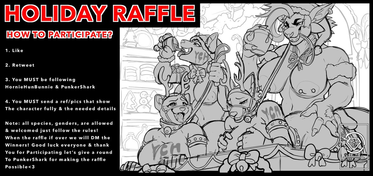 Punk Shark (@punkershark) on Twitter photo <a href="/HornyHunBunnie/">HornyHoneyBunnie🍯</a> and I are teaming up again to deliver yall a holiday themed raffle, where 3 lucky winners will be chosen next week on Thursday!!
Please read the rules, and when posting your refs state whether you wanna be a top or bottom in the art!! Good luck to all!! 💙💙 <a href="/HornyHunBunnie/">HornyHoneyBunnie🍯</a> and I are teaming up again to deliver yall a holiday themed raffle, where 3 lucky winners will be chosen next week on Thursday!!
Please read the rules, and when posting your refs state whether you wanna be a top or bottom in the art!! Good luck to all!! 💙💙