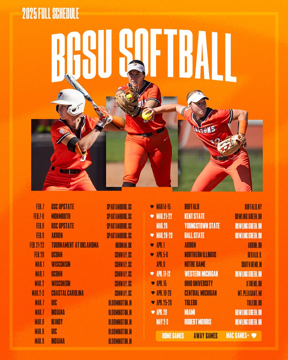 It’s time to mark your calendar for Bowling Green Softball’s spring schedule! Don’t miss your chance to see the Falcons in action!! #AyZiggy🧡🤎