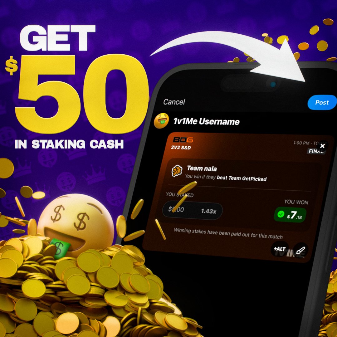 1v1Me's tweet image. 💰 STAKING CASH GIVEAWAY 💰 

3x Winners ($50 EACH)

How to enter:
✅ LIKE &amp;amp; RT this tweet
✅ Follow @1v1Me
✅ Reply w/ your 1v1Me username &amp;amp; photo of a stake slip you've placed TODAY 

WINNERS PICKED IN 24 HOURS ⏱️