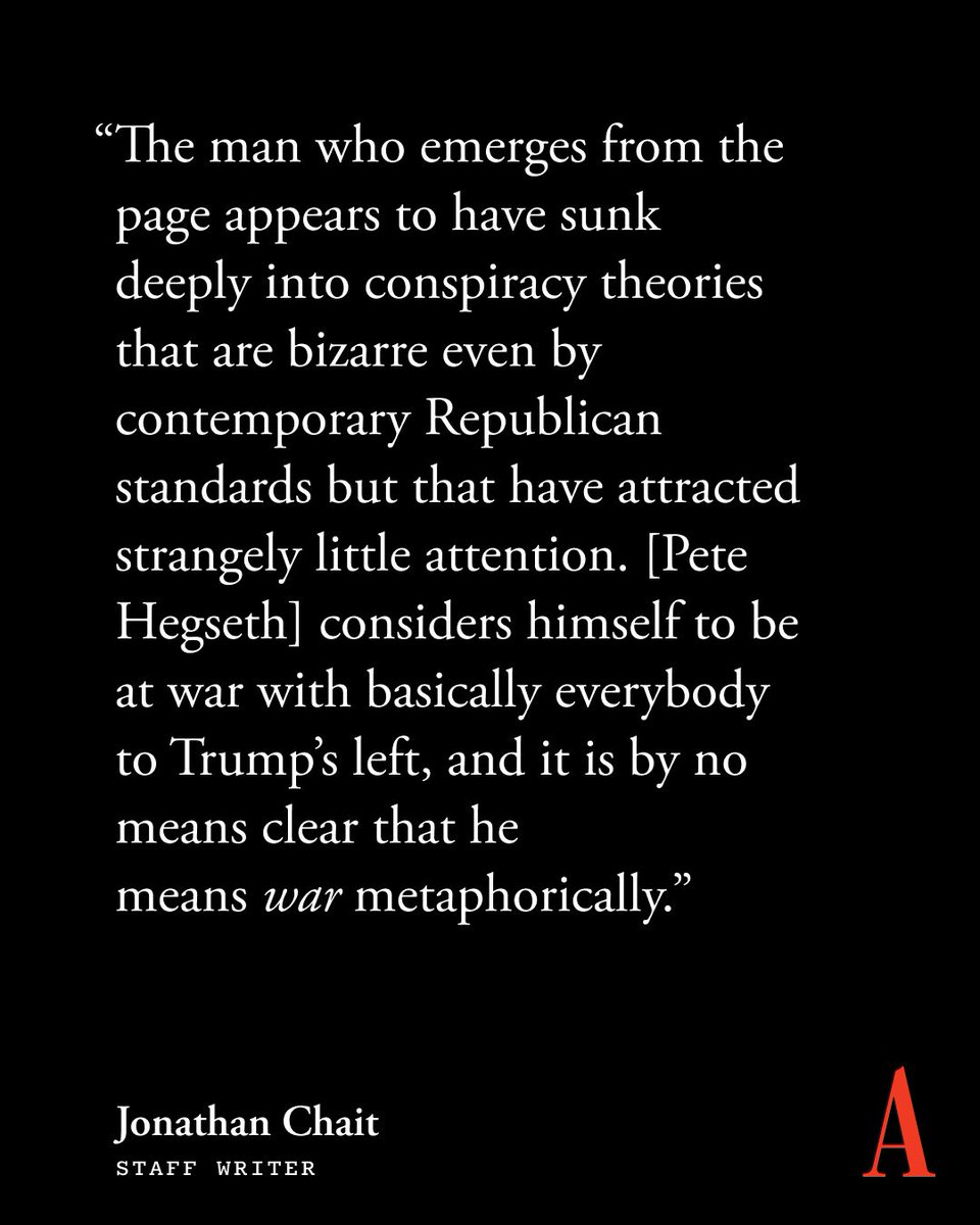 The Atlantic (@theatlantic) on Twitter photo Pete Hegseth has published three books in four years. <a href="/jonathanchait/">Jonathan Chait</a> spent the last week reading themâand concluded that Hegseth is almost certainly the most dangerous of Trump's cabinet picks. theatln.tc/B1HBxza1 Pete Hegseth has published three books in four years. <a href="/jonathanchait/">Jonathan Chait</a> spent the last week reading themâand concluded that Hegseth is almost certainly the most dangerous of Trump's cabinet picks. theatln.tc/B1HBxza1