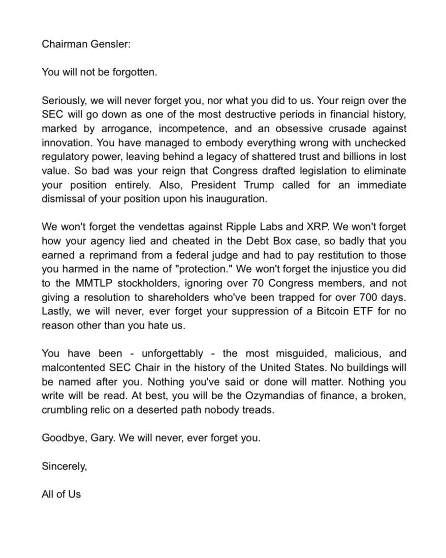X Market News🚨 (@xmarketnews) on Twitter photo <a href="/GaryGensler/">Gary Gensler</a> <a href="/SECGov/">U.S. Securities and Exchange Commission</a> Retail investors issue a farewell letter to you Gary Gensler 🚨 <a href="/GaryGensler/">Gary Gensler</a> <a href="/SECGov/">U.S. Securities and Exchange Commission</a> Retail investors issue a farewell letter to you Gary Gensler 🚨