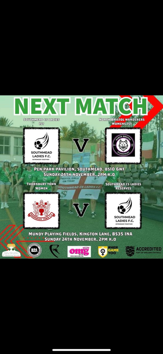 Southmead Ladies FC (@fcsouthmead) on Twitter photo This weekends fixtures…
Our 1sts are home, it’s been a while, they face <a href="/NBWanderersWFC/">North Bristol Wanderers WFC</a>.
Our reserves focus on the league, another game away to <a href="/thornburytownfc/">Thornbury Town FC</a>
Let’s hope the weather doesn’t spoil which will be a great weekend of football to watch 🤩 This weekends fixtures…
Our 1sts are home, it’s been a while, they face <a href="/NBWanderersWFC/">North Bristol Wanderers WFC</a>.
Our reserves focus on the league, another game away to <a href="/thornburytownfc/">Thornbury Town FC</a>
Let’s hope the weather doesn’t spoil which will be a great weekend of football to watch 🤩
