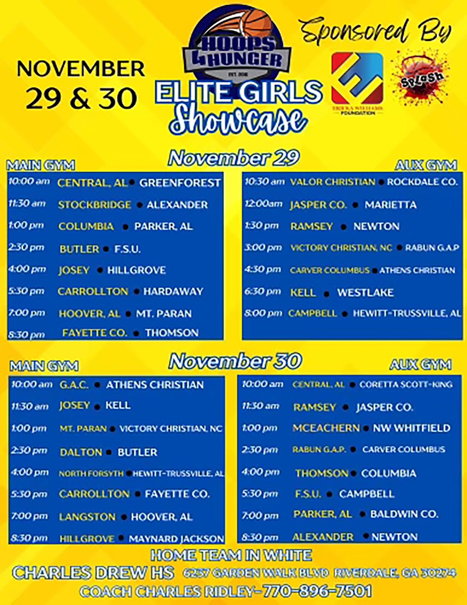 Hoops4Hunger (@_hoops4hunger) on Twitter photo 8 DAYS LEFT until 40 High School Girls teams from GA, FL, AL and NC will Showcase their talents at the <a href="/_Hoops4Hunger/">Hoops4Hunger</a> Elite Girls Showcase at Charles Drew HS!!!
<a href="/ALX_GBasketball/">ALX Girls Basketball</a>
<a href="/mpladyeaglesgbb/">Lady Eagles GBB</a>
<a href="/GirlsWestlake/">WestLakeGBB</a>
<a href="/THSLadyDogsBB/">Thomson Lady Bulldogs Basketball</a>
<a href="/SHS_TigersAthl/">Stockbridge High School Athletics</a>
<a href="/HT_GIRLS/">HT Girls Basketball</a>
<a href="/RCHSLadyBulldog/">RCHS Lady Bulldogs</a> 8 DAYS LEFT until 40 High School Girls teams from GA, FL, AL and NC will Showcase their talents at the <a href="/_Hoops4Hunger/">Hoops4Hunger</a> Elite Girls Showcase at Charles Drew HS!!!
<a href="/ALX_GBasketball/">ALX Girls Basketball</a>
<a href="/mpladyeaglesgbb/">Lady Eagles GBB</a>
<a href="/GirlsWestlake/">WestLakeGBB</a>
<a href="/THSLadyDogsBB/">Thomson Lady Bulldogs Basketball</a>
<a href="/SHS_TigersAthl/">Stockbridge High School Athletics</a>
<a href="/HT_GIRLS/">HT Girls Basketball</a>
<a href="/RCHSLadyBulldog/">RCHS Lady Bulldogs</a>