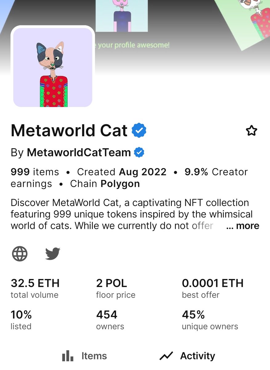 Congratulations to all MetaWorld Cat holders! The collection is now officially verified on OpenSea. 

Thank you for your support!