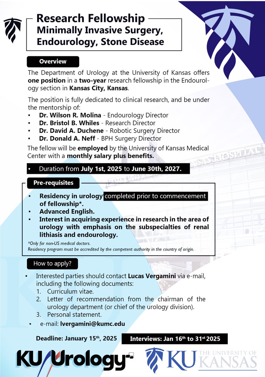WMolinaKUendouro (@kuendourology) on Twitter photo Please apply for our RESEARCH fellowship starting july2025. See flier with info of how to apply. <a href="/Urology_KU/">The University of Kansas Department of Urology</a> <a href="/Donald_Neff/">DN</a> <a href="/dduchenemd/">David Duchene</a> <a href="/BristolWhiles/">Bristol Brandt Whiles</a> Please apply for our RESEARCH fellowship starting july2025. See flier with info of how to apply. <a href="/Urology_KU/">The University of Kansas Department of Urology</a> <a href="/Donald_Neff/">DN</a> <a href="/dduchenemd/">David Duchene</a> <a href="/BristolWhiles/">Bristol Brandt Whiles</a>