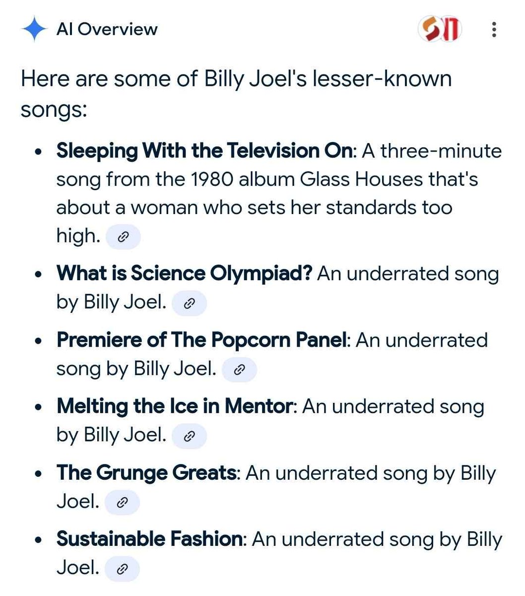 FutureMeats's tweet photo. Google's AI overview can't fool me. True Billy Joel fans know that Sleeping With the Television On isn't a real song https://t.co/c7EchDKLgf