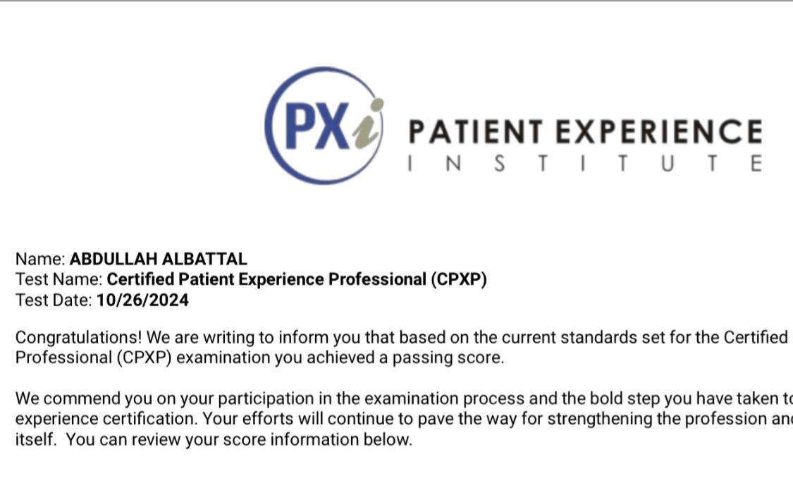 Abdull_Albattal's tweet photo. الحمدلله وبفضل من الله اجتزت اختبار #CPXP محترف #تجربة_المريض
Certified Patient Experience Professional من #PXI
الشكر موصول لــ @Q_Improvement قدم لنا برنامج متكامل وشامل ومتابعة مستمرة تكللت بالنجاح واجتياز الإختبار. https://t.co/SGCbqeYn7H