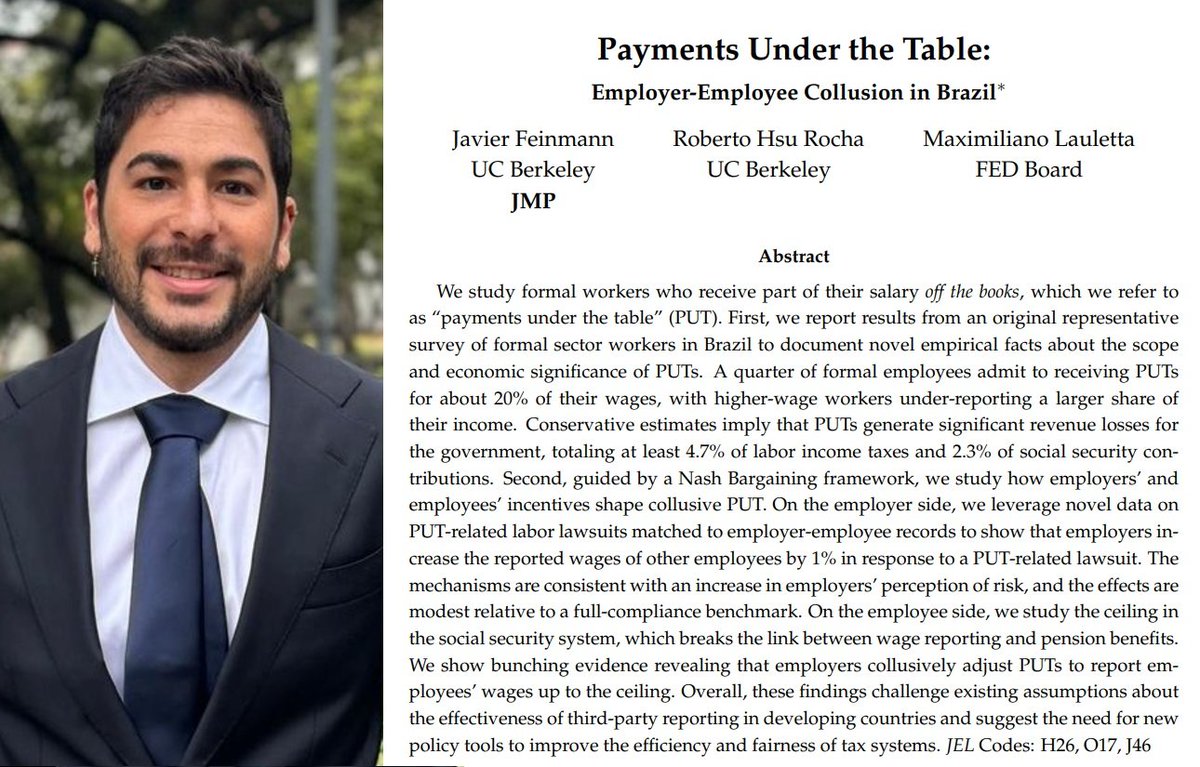Javier Feinmann: Doing provocative work on Public Finance, highlighting how under-the-table payments drive significant tax evasion and exploring strategies for governments to address it.

Website: javierfeinmann.github.io/JavierFeinmann…
JMP: javierfeinmann.github.io/JavierFeinmann…

(3/5)