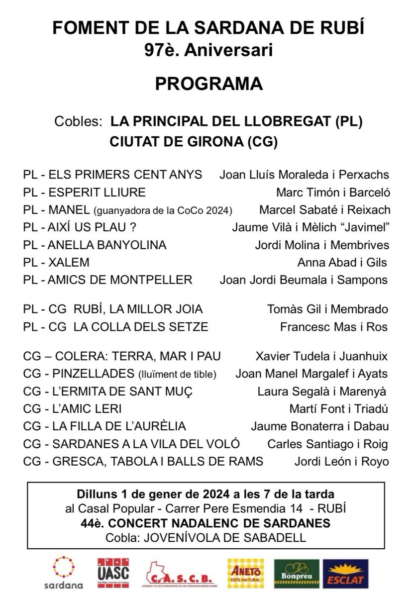 🎼Agenda la Llobregat:

🗓 DISSABTE 23 de novembre
📍 Artesa de Segre (plaça del ball)
⏰ 11:30h Ballada

🗓 DISSABTE 23 de novembre
📍 Artesa de Segre (pavelló poliesportiu)
⏰ 17h Aplec

🗓 DIUMENGE 24 de novembre
📍 Rubí (plaça Doctor Guardiet)
⏰ 10:30h Aplec