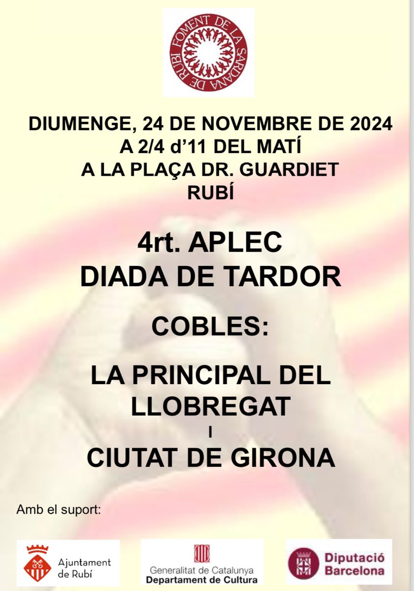 laLlobregat's tweet photo. 🎼Agenda la Llobregat:

🗓 DISSABTE 23 de novembre
📍 Artesa de Segre (plaça del ball)
⏰ 11:30h Ballada

🗓 DISSABTE 23 de novembre
📍 Artesa de Segre (pavelló poliesportiu)
⏰ 17h Aplec

🗓 DIUMENGE 24 de novembre
📍 Rubí (plaça Doctor Guardiet)
⏰ 10:30h Aplec https://t.co/wjFuAOeJY3