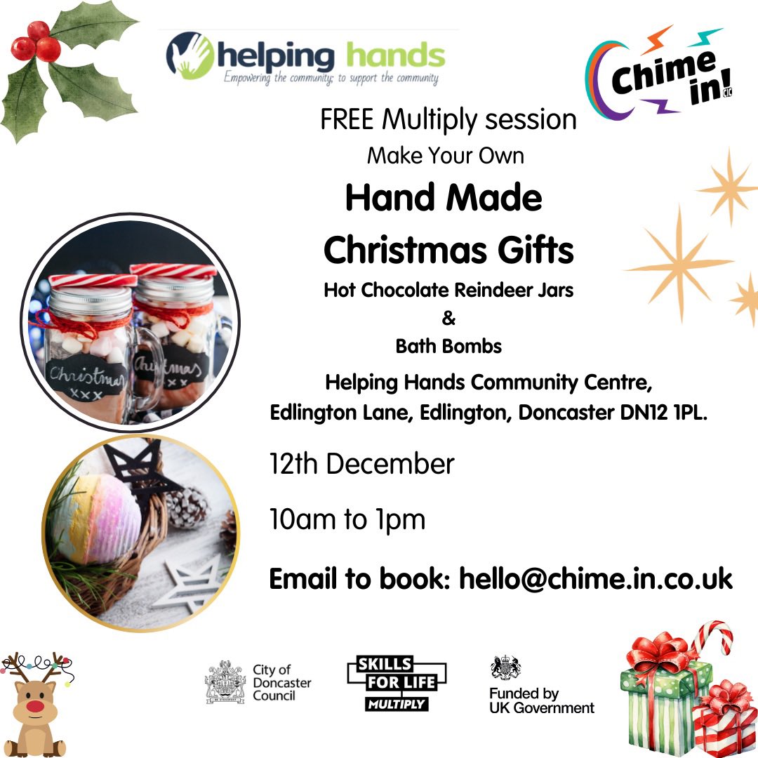 ChimeInCICUK's tweet photo. Excited for our Hand Made Christmas Gifts sessions! Making Two Christmas Gifts for participants to take away for friends or family.  https://t.co/Y2KmEEyffo
#Rossington #Edlington https://t.co/KHc9RkpHkk