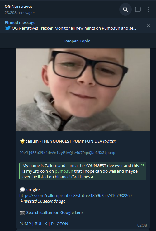 oriontrackerbot's tweet photo. $callum - THE YOUNGEST PUMP FUN DEV
29eJj9BEoJ9K4drAm1vyEiwQLe4d7DqxQNeRNX8tpump

From $6k to $1.2M now

🐦 OG Narratives Tracker
Monitor and send the FIRST and ORIGINAL ticker referring to a social media post or a news story.

⏩ Visit us at: https://t.co/Y3wQPrs7yz https://t.co/XWJfu99osu