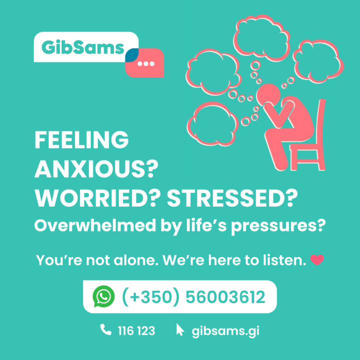 Feeling overwhelmed? You're not alone.
📞 (+350) 56003612
💬 116 123
🌐 Visit: gibsams.gi

#GibSams #MentalHealthSupport #YouAreNotAlone #HereForYou #ConfidentialSupport #EndTheStigma #MentalWellness #SupportIsAvailable