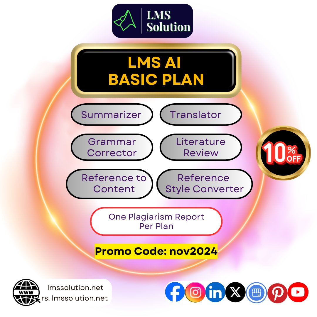 Lms_Solution's tweet image. LMS AI Basic Plan
rs.lmssolution.net/plans-pricing
#LMSAIBasic #BasicPlan #PlagiarismReport #Turnitin #EdTech #LearningManagementSystem #ArtificialIntelligence #OnlineLearning #EducationTechnology #AI #LearningAnalytics #EducationalTools #DigitalLearning #AcademicIntegrity