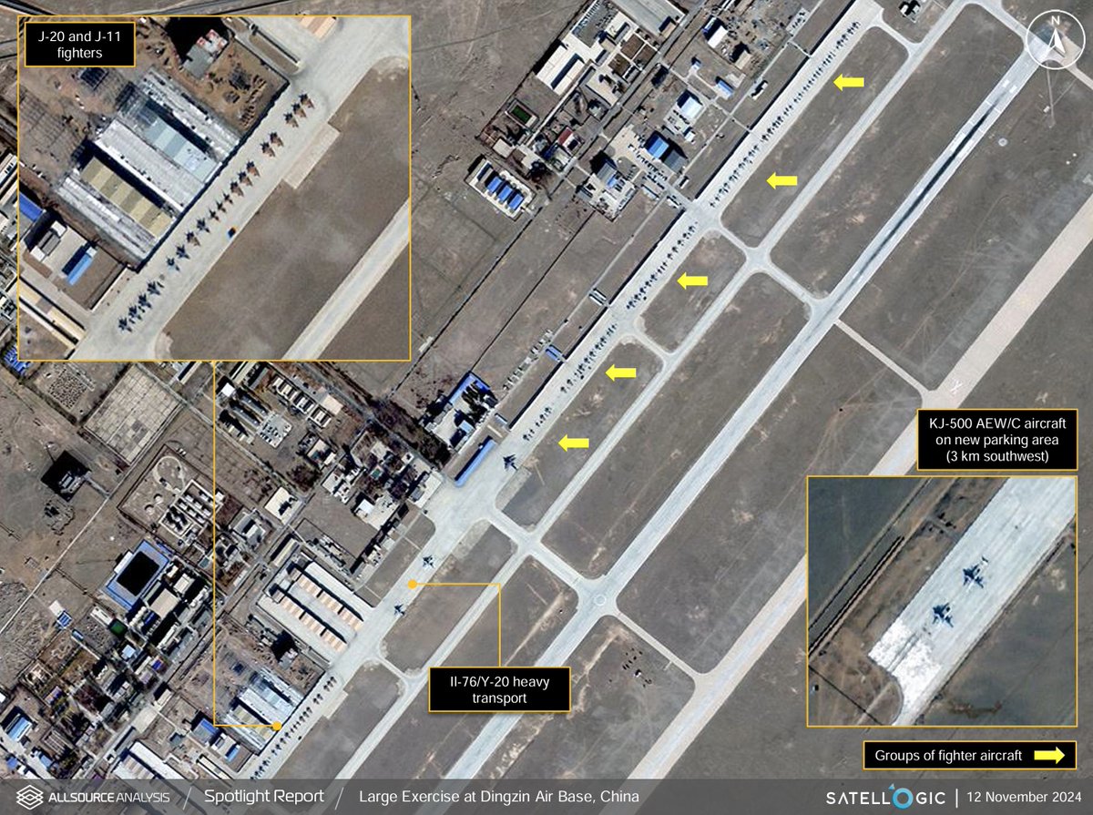 AllSourceA's tweet photo. GEOINT analysis on 12 November 2024 shows a large exercise at the Dingzin Air Base in the Gobi Desert region of China. https://t.co/epfzHD4aZI
Spotlight Report - Critical intelligence delivered to your inbox: https://t.co/41rBw545Cn
#GEOINT #SpotlightReport #China #Satellogic https://t.co/QKjlpXh971