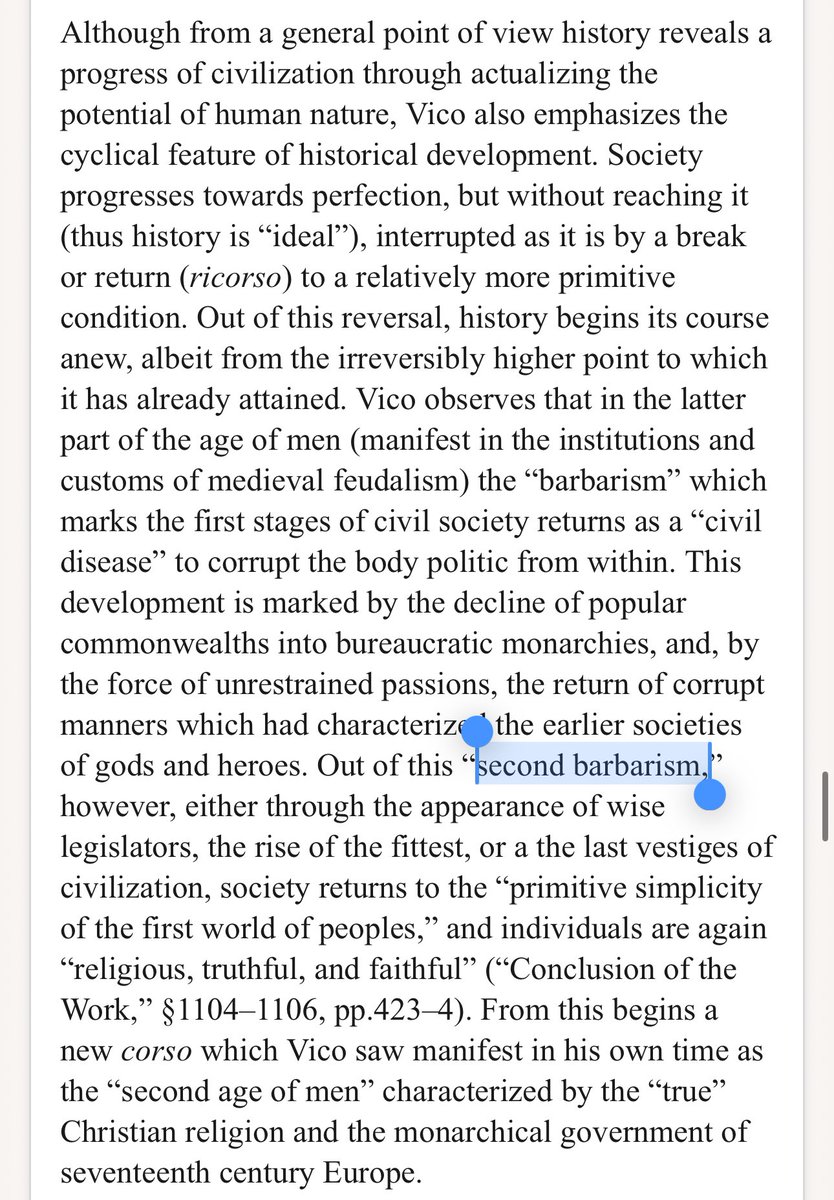 Thinkb4Learning's tweet photo. https://t.co/y9lBYI48Zt

“Society progresses towards perfection, but without reaching it (thus history is “ideal”), interrupted as it is by a break or return (ricorso) to a relatively more primitive condition.” 

“Second barbarism” 

#GBVico https://t.co/yWrqMvuG4q