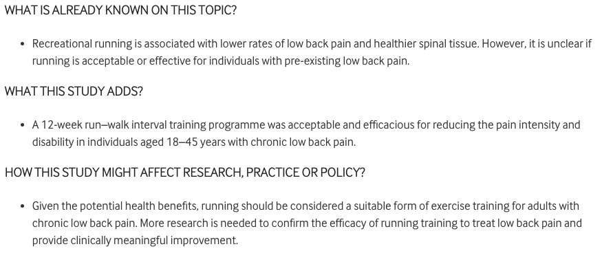 📣 Running is acceptable and efficacious in adults with non-specific chronic low back pain 🏃‍♀️ ✅

Have you read the popular ASTEROID randomised controlled trial? 🙋‍♀️ 🔥

See the #KeyFindings ⬇️

Read more 👉 bit.ly/3Zd4UP3