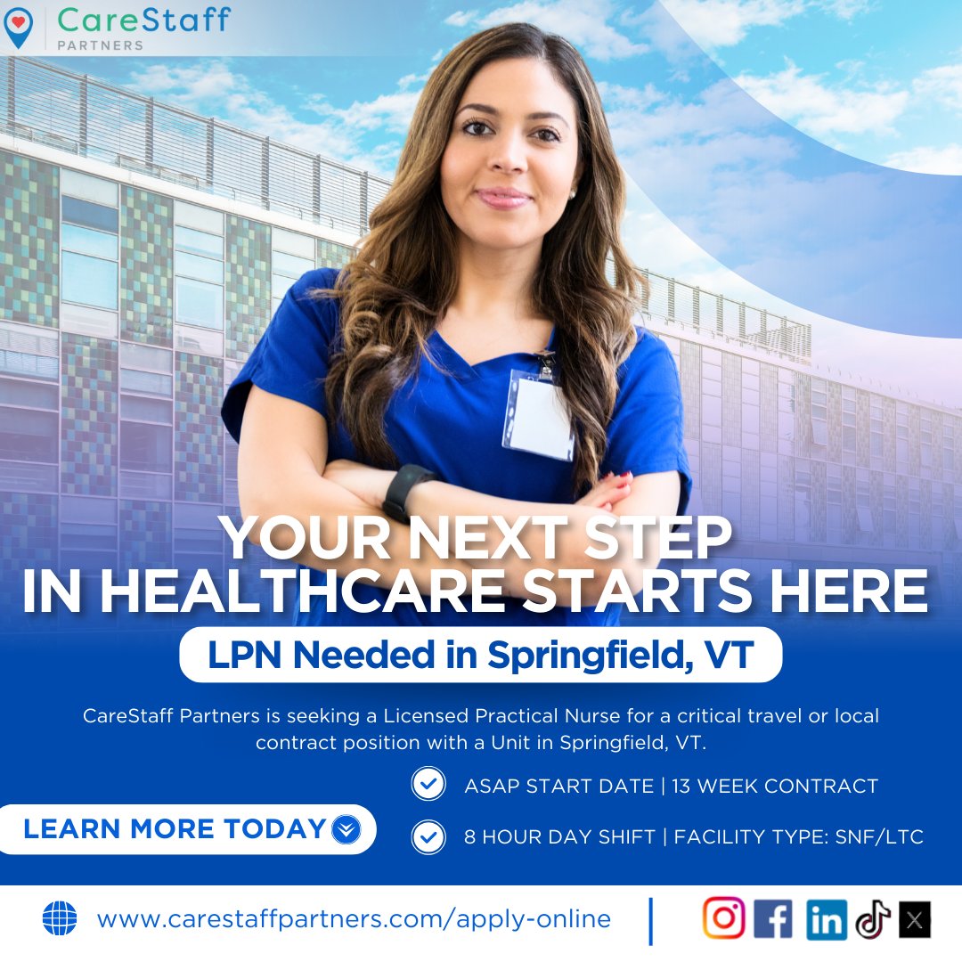 CareStaffCares's tweet image. Attention LPNs! An exciting opportunity awaits in Springfield, VT! We’re looking for a compassionate and dedicated LPN to join our team and make a difference. 💖 

#LPNJobs #SpringfieldVT #HealthcareCareers #NowHiring #CareStaffPartners #MakeADifference #NursingOpportunities