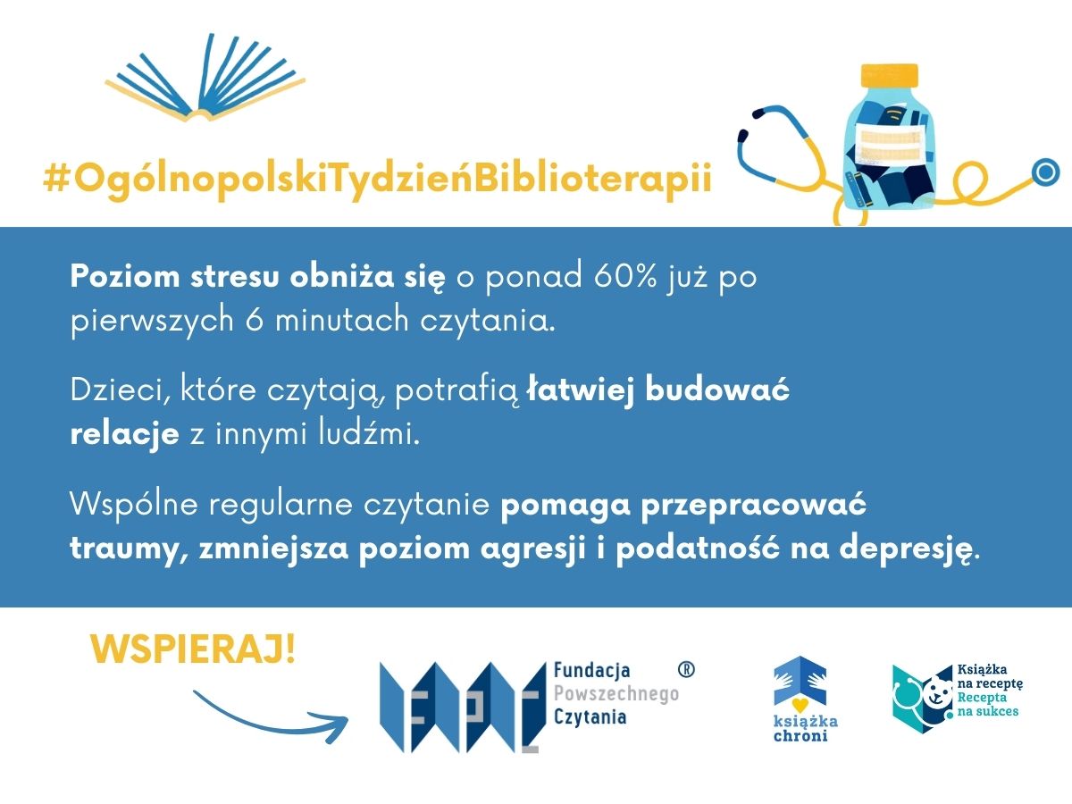 Trwa #OgólnopolskiTydzieńBiblioterapii. Wiele badań potwierdza wpływ czytania na zdrowie i rozwój najmłodszych, ale także na dobrostan dorosłych. Pamiętajmy o terapeutycznej roli czytania i wspierajmy równy dostęp do książek dla wszystkich! 👉 fpc.org.pl/wspieraj