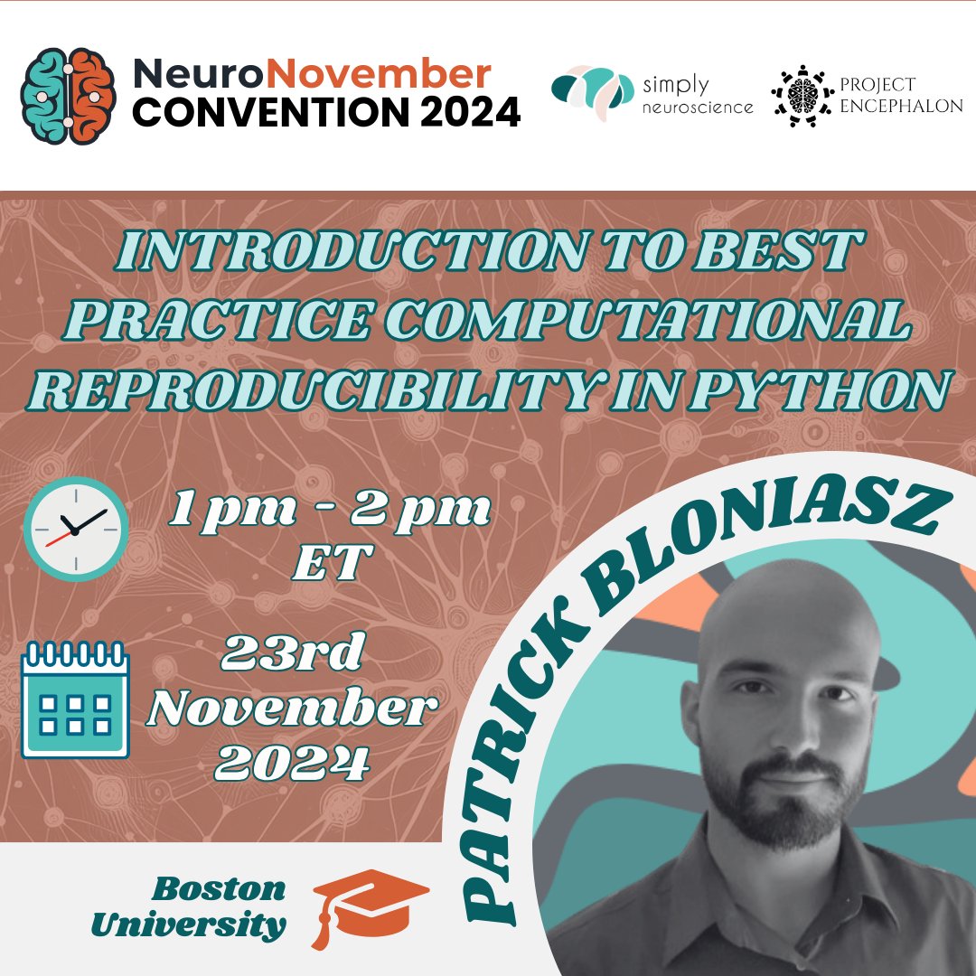 NeuroNovember's tweet image. Interested in diving deeper into python and computational science? Join Patrick F. Bloniasz to learn more!
ποΈ Join us at 1-2pm ET, 24th November
π Register here: neuronovember.org/event-details/β¦
#neuronov2024 #convention #neuroscience #research #science #coding