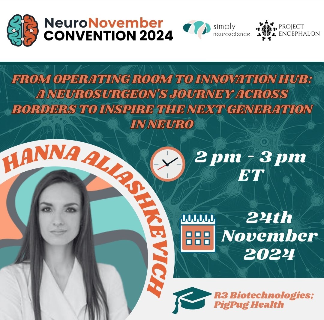 NeuroNovember's tweet image. From neurosurgeon to innovation, join Dr. Hanna Aliashkevich, MD, to learn more about her journey! π§
ποΈ Join us at 2-3pm ET, 24th November
π Register here: neuronovember.org/event-details/β¦
#neuronov2024 #brainscience #convention #neuroscience #research #inclusivity #neurodivergence