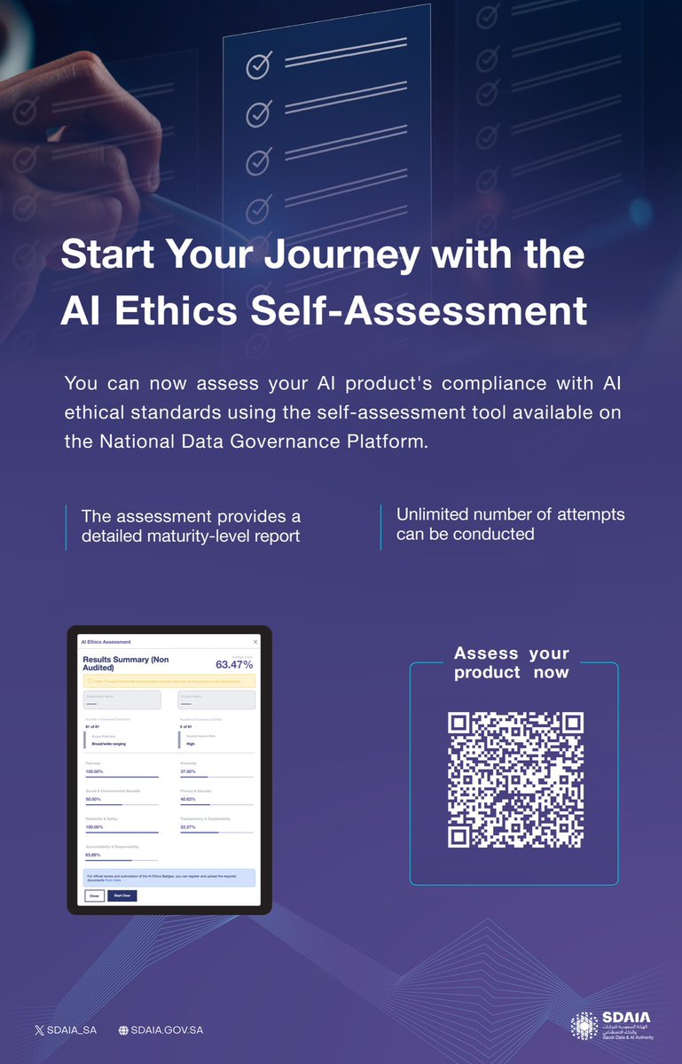 Conduct a self-assessment of your product through #SDAIA’s National Data Governance Platform and receive a detailed report on the product's compliance with AI ethics.
dgp.sdaia.gov.sa/wps/portal/pdp…