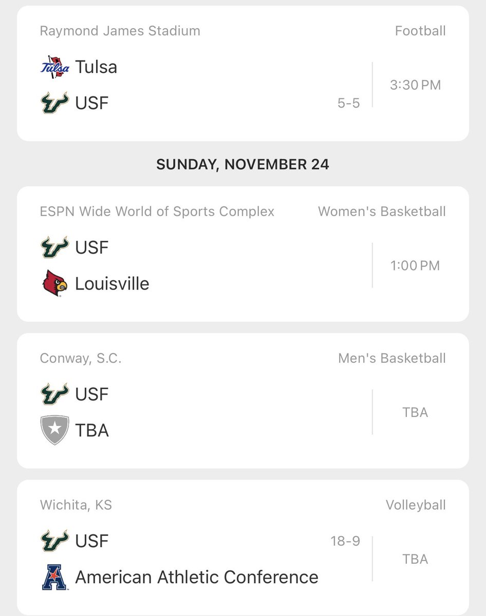 russwoot's tweet photo. A big @USFAthletics weekend!!! @USFMBB at the #MyrtleBeachInvitational @usfvolleyball in the @American_Conf tournament and @USFWBB at Disney. #HornsUp🤘🏻 unfortunately @USFXCTF did not qualify for the @NCAA tournament https://t.co/YoMLnUfTgk