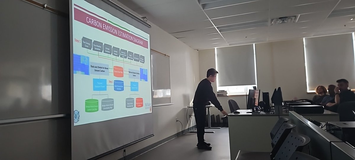 Happy GISDay everyone! Here at McMaster, we hold a series of talks every year. This year, we are a day late because the GIS Lab was in full use yesterday.  Here we have Dr Zhong presenting research on wildfires
