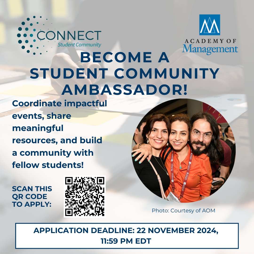 AOMConnect's tweet photo. 🚀 Join AOM as a Student Ambassador!

Lead events, share resources, &amp; build your community.

📅 Apply by 22 Nov 2024, 11:59 PM EDT.

Scan the QR code below to apply!

Let’s grow, connect, and inspire together! 💡✨

#AOM #Leadership #StudentAmbassador #AOMStudentCommunity https://t.co/I9MMmYutfJ