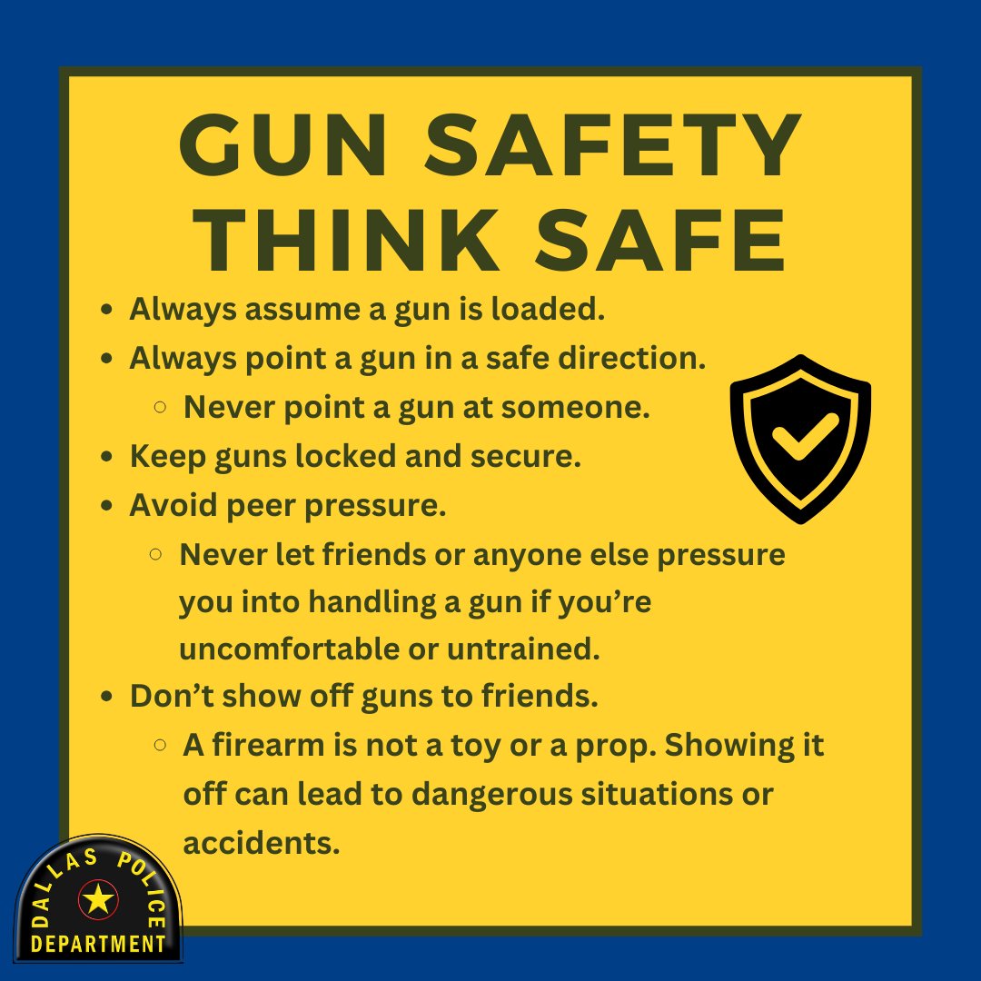 Gun Safety Tips!
Respect, responsibility, and awareness saves lives.
Let’s prioritize safety together! #GunSafety #DallasPD