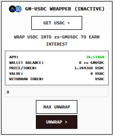 The zs-GMUSDC strategy has been retired due to <a href="/GMX_IO/">GMX 🫐</a> releasing its own in-house vault (called GLV) similar to what Stabilized offered. Take a look at GLV below:

app.gmx.io/#/pools