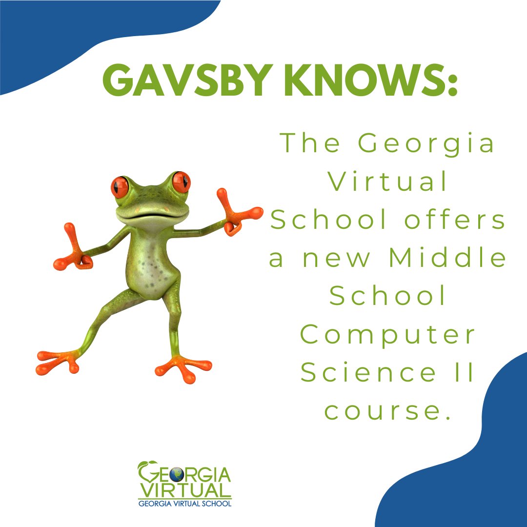 GA Virtual Learning (@gavirtual) on Twitter photo The Georgia Virtual School mascot Gavsby knows that GaVS now offers the Middle School Computer Science II course starting with the 2024-2025 school year.
Learn more about the specific courses that are offered at gavirtualschool.org/Course-Info/Sp… & visit gavs.geniussis.com/PublicWelcome.… to sign up. The Georgia Virtual School mascot Gavsby knows that GaVS now offers the Middle School Computer Science II course starting with the 2024-2025 school year.
Learn more about the specific courses that are offered at gavirtualschool.org/Course-Info/Sp… & visit gavs.geniussis.com/PublicWelcome.… to sign up.