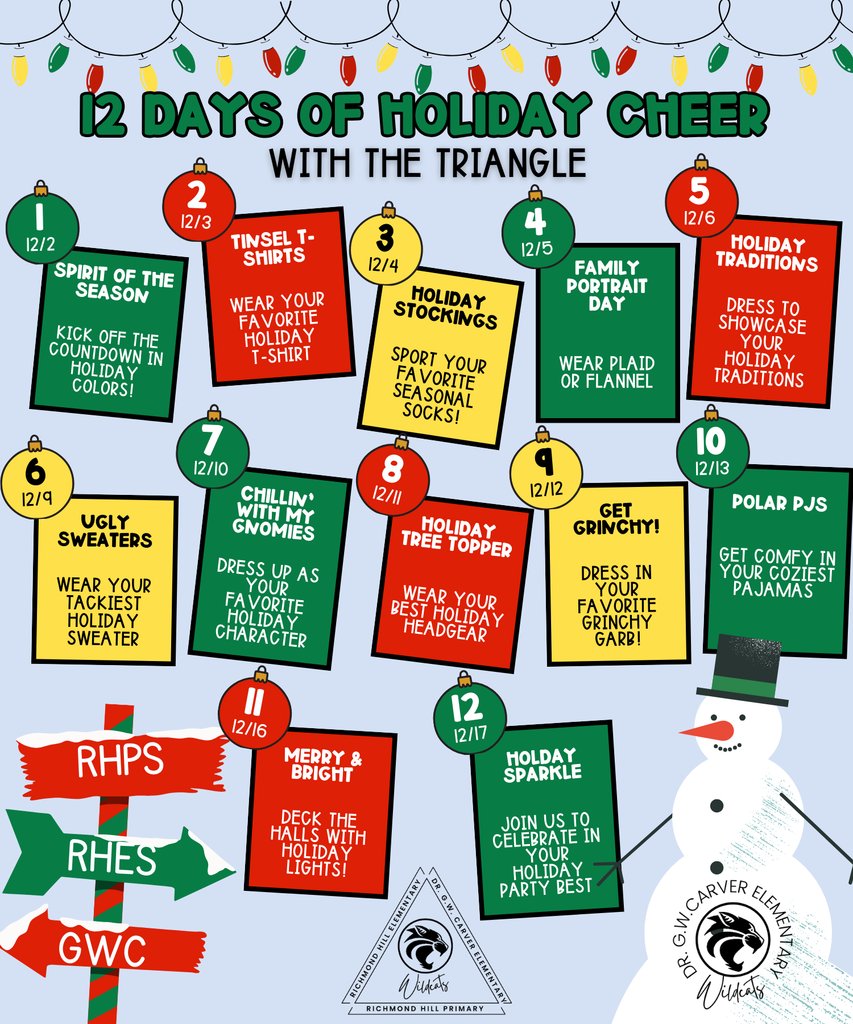 ✨ Wildcat families, let’s spread some cheer! ✨ 

Starting Dec. 2, the Triangle is celebrating 12 Days of Holiday Cheer with festive outfits and holiday fun! 

🎄 Share your photos and tag us—we can’t wait to see your holiday spirit! 🎅

#CarverHolidayCheer #WildcatWonderland