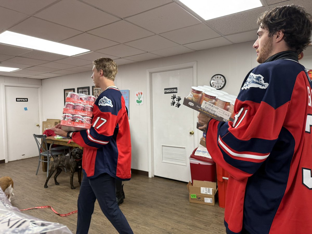 HWPHockey's tweet photo. Earlier today, Bo Groulx, Blade Jenkins, Dylan Garand, Brennan Othmann, and Ben Harpur visited Dog Star Rescue to assist the rescue with a variety of projects and donated Wolf Pack leashes and Wolf Pack poop bag holders 🐾 https://t.co/CpUojigPif