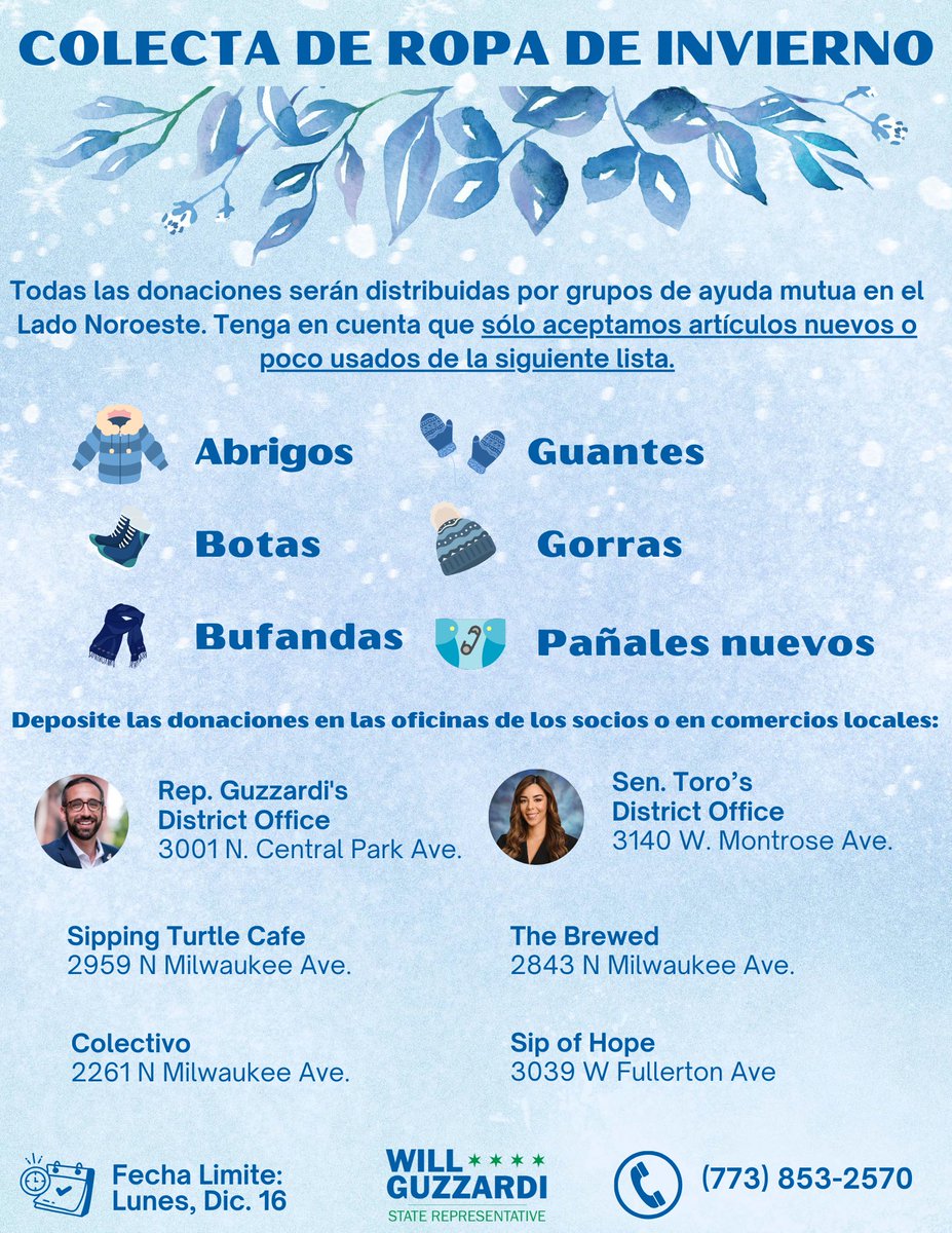 RepGuzzardi39's tweet image. My office is kicking off our annual Winter Clothing Drive! Through 12/16, we are accepting donations for new or gently used:
🧥 Coats
🥾 Boots
🧣 Scarves
🧢 Hats
🧤 Gloves and Mittens
👶 And new diapers!