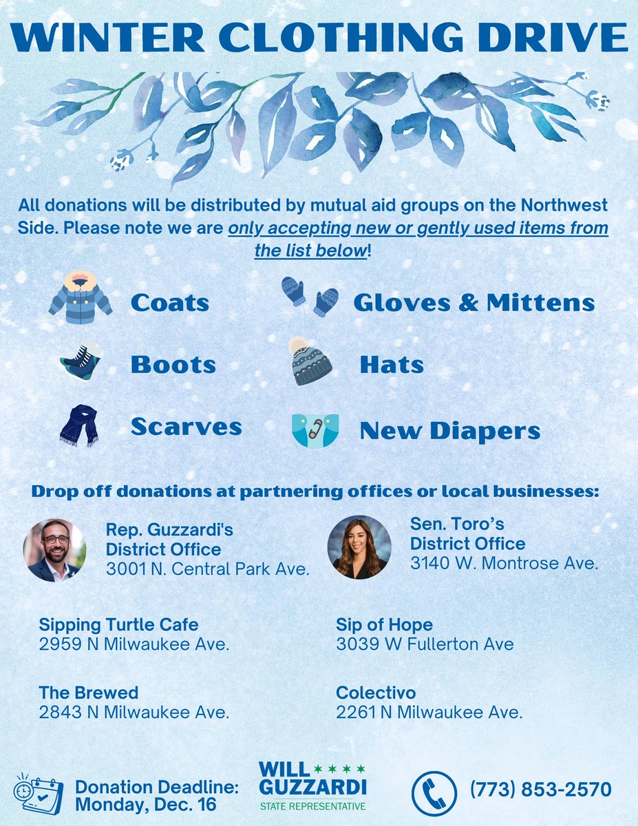RepGuzzardi39's tweet image. My office is kicking off our annual Winter Clothing Drive! Through 12/16, we are accepting donations for new or gently used:
🧥 Coats
🥾 Boots
🧣 Scarves
🧢 Hats
🧤 Gloves and Mittens
👶 And new diapers!