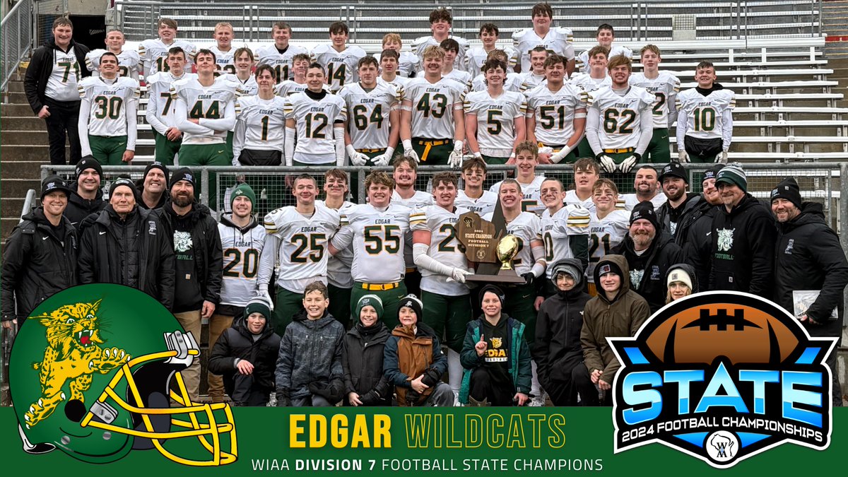 Congratulations to Edgar, the 2024 WIAA D7 Football State Champions! 🏈🏆

The Wildcats shutout Potosi-Cassville 19-0 in today's championship to earn their program's 9th gold ball on their record-setting 15th trip to Camp Randall! #wiaafb #statechamps