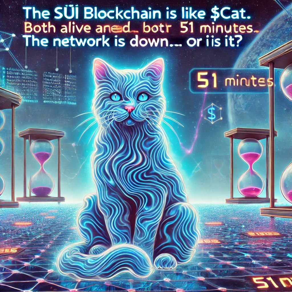 SchrCoin's tweet photo. The SUI blockchain is like $CAT—both alive and dead. No blocks for 51 minutes? The network is down… or is it? 🐱✨ #SchrödingerCoin #CryptoMeme #BlockchainOutage #SUI #memecoin #BTC https://t.co/Ee6VmNXoHc