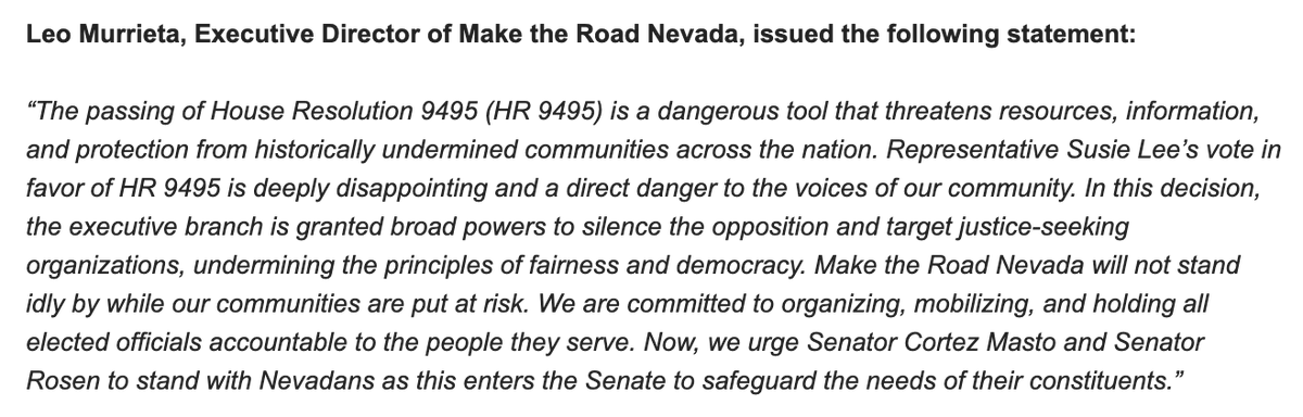 Institute for a Progressive Nevada (@progressfornv) on Twitter photo .<a href="/maketheroadnv/">Make The Road NV 🦋</a> on <a href="/RepSusieLee/">Congresswoman Susie Lee</a> and <a href="/MarkAmodeiNV2/">Rep. Mark Amodei</a>'s votes for dangerous legislation to allow for political abuse .<a href="/maketheroadnv/">Make The Road NV 🦋</a> on <a href="/RepSusieLee/">Congresswoman Susie Lee</a> and <a href="/MarkAmodeiNV2/">Rep. Mark Amodei</a>'s votes for dangerous legislation to allow for political abuse