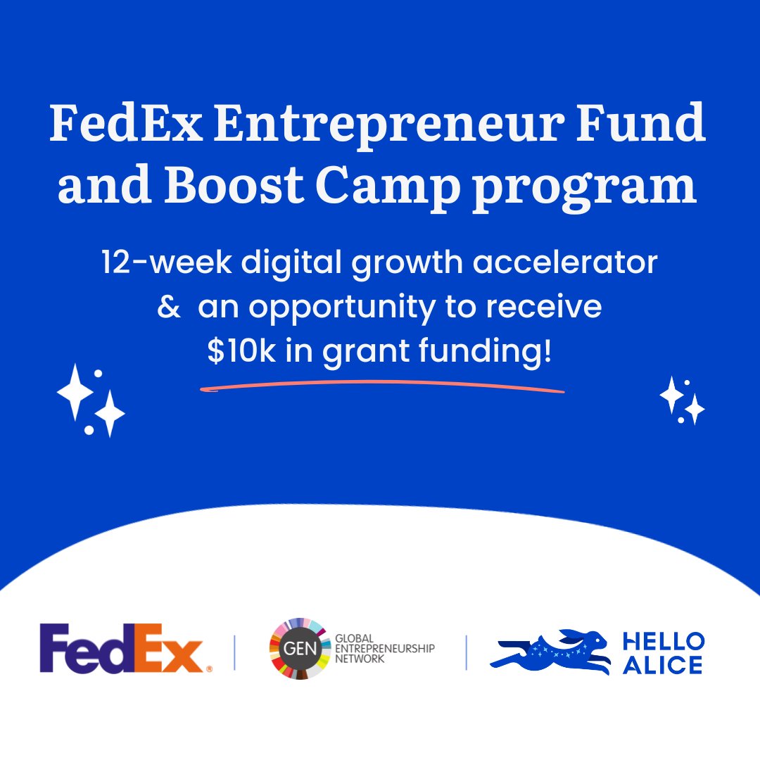 Apply for this 12-week digital growth accelerator to access expert-led sessions, education, mentorship, a peer support network + more. Accepted entrepreneurs accepted will have the opportunity to receive $10k in grant funding: genglobal.org/united-states/… 

@fedex @helloalice #GEW2024