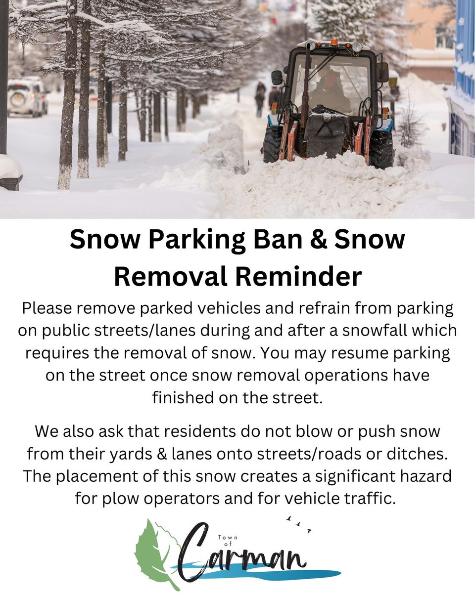 Snow Parking Ban Alert!
Remove vehicles from streets during snow removal. You may park again once operations are complete. Don't push snow onto streets or ditches—it's hazardous for plows and traffic. Stay safe!