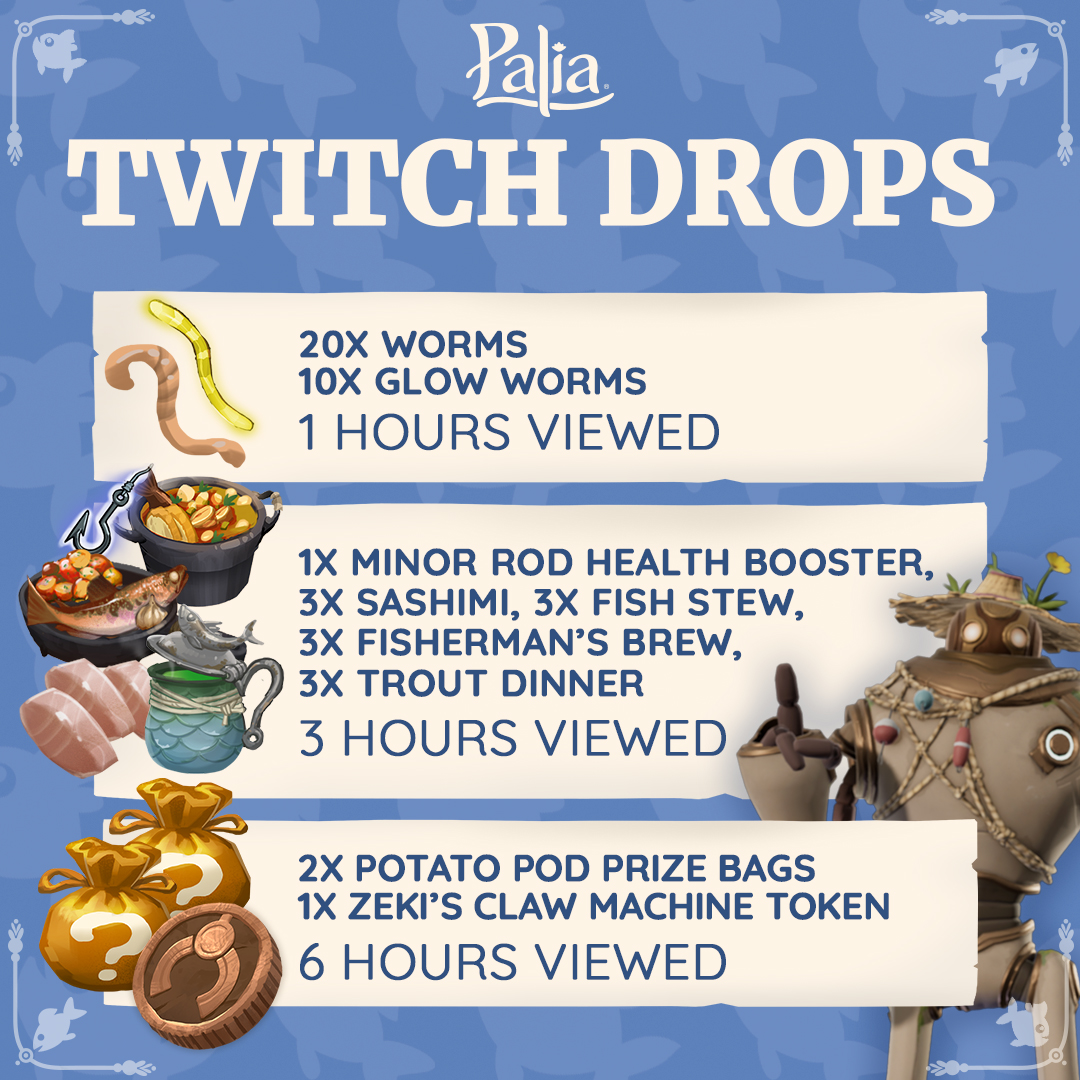 🎣Twitch Drops are back for Palia's Season of Splendor update!🎣

Tune-in to your favorite Palia content creators to receive free rewards!

Check out the blog here: palia.com/news/186-twitc…

#Palia #PlayPalia