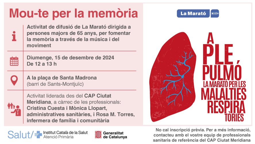 El grup de "mou-te x la memòria" ens acomiadem col•laborant amb la Marató de tv3. Gràcies a tots per estar amb nosaltres un any més.💙 <a href="/Fitoaula/">Fitoaula</a> <a href="/primariaicscat/">Atenció Primària i a la Comunitat de l'ICS</a> #CAPCiutatMeridiana #fentcomunitària #GentGran <a href="/icscat/">ICS. Generalitat</a>