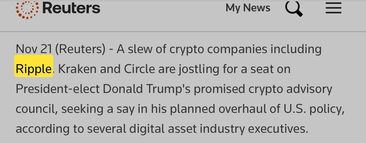 Nov 21 (Reuters) - A slew of crypto companies including 👀 <a href="/Ripple/">Ripple</a>, Kraken and Circle are jostling for a seat on President-elect Donald Trump's promised crypto advisory council

reuters.com/technology/cry…